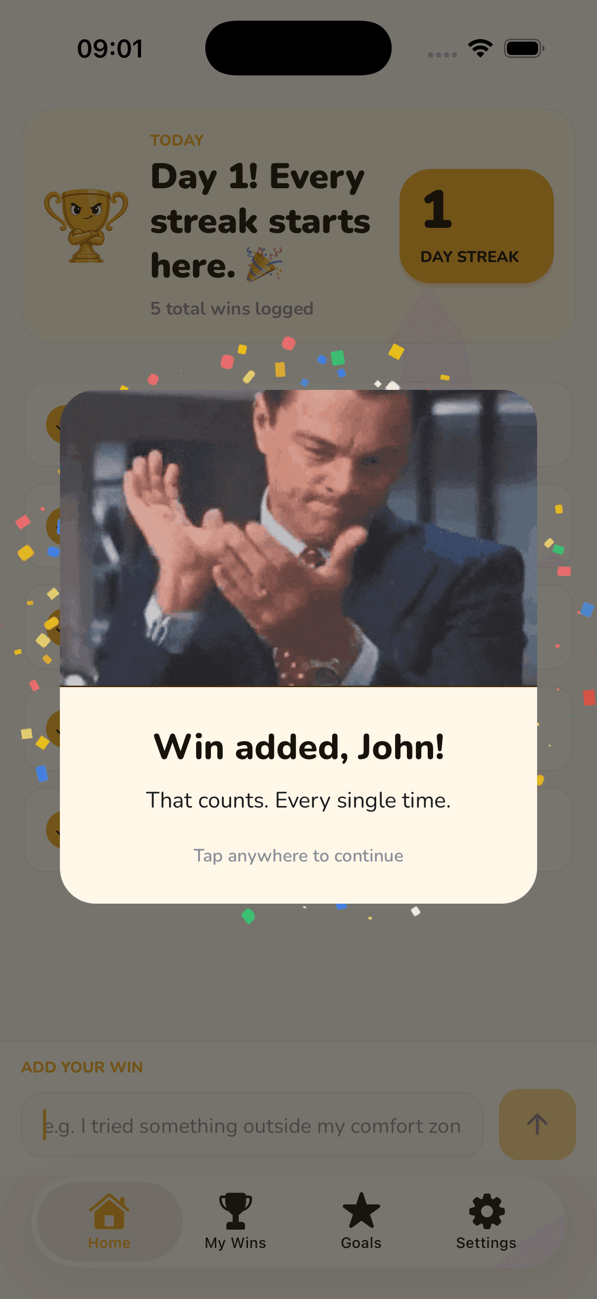 Winny's celebration modal after a win is logged, with confetti.