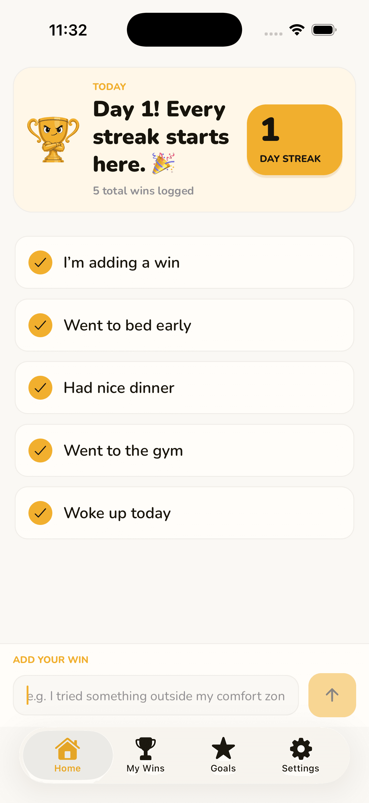 Winny's Home screen, with the day's logged wins listed in a scrollable stack.