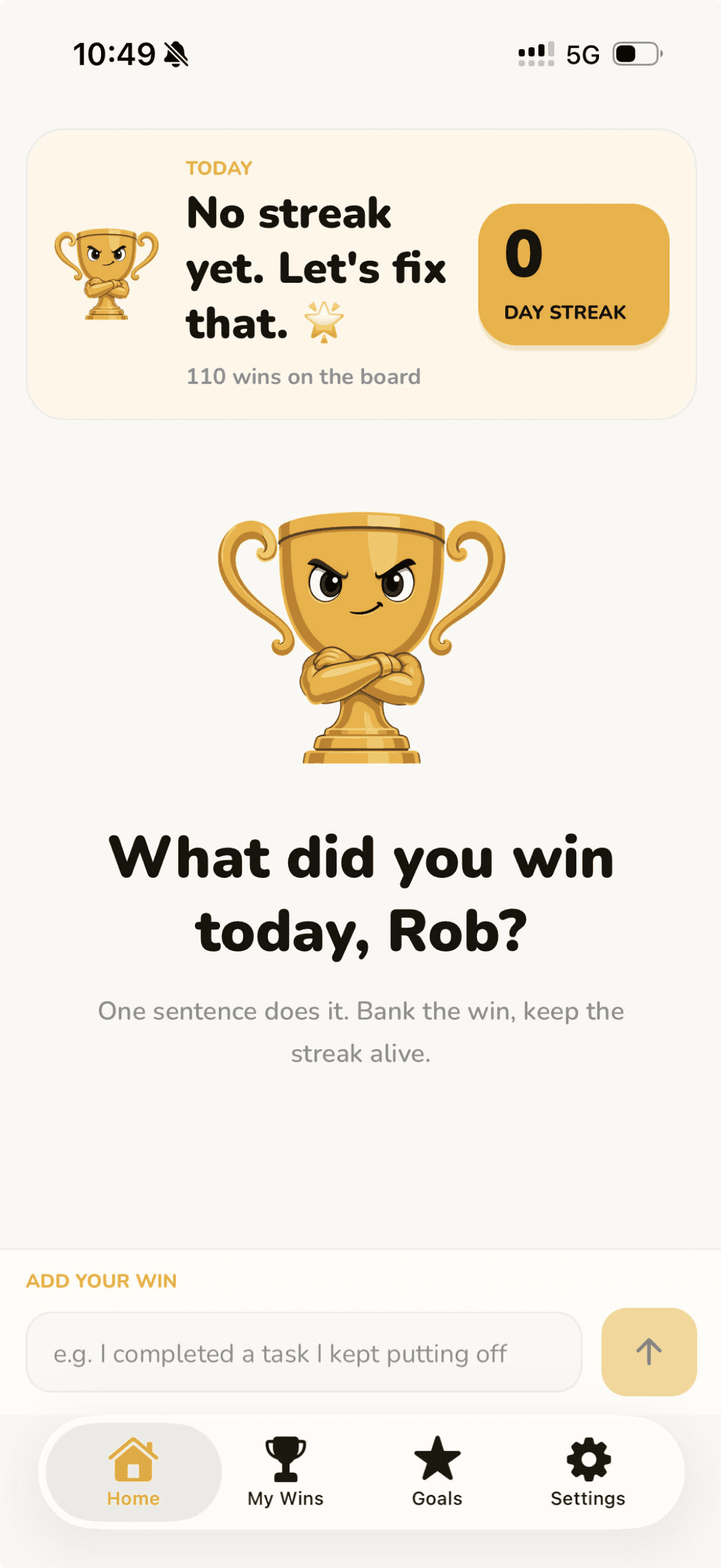 Winny's Home card reading zero day streak, above the line 110 wins on the board.